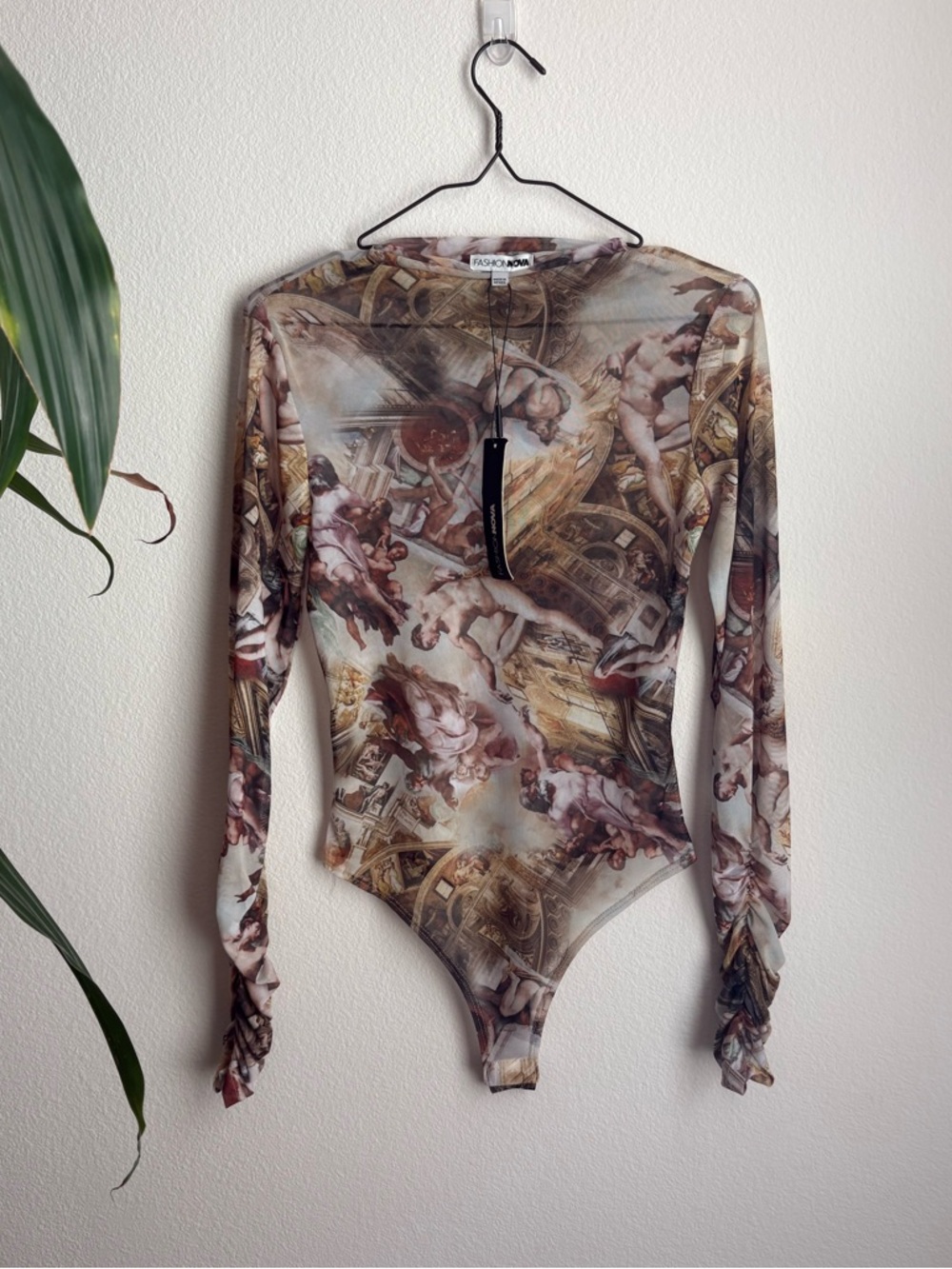 NWT Fashion Nova “Art of Gold” Victorian Whimsigoth Print Sheer Bodysuit
